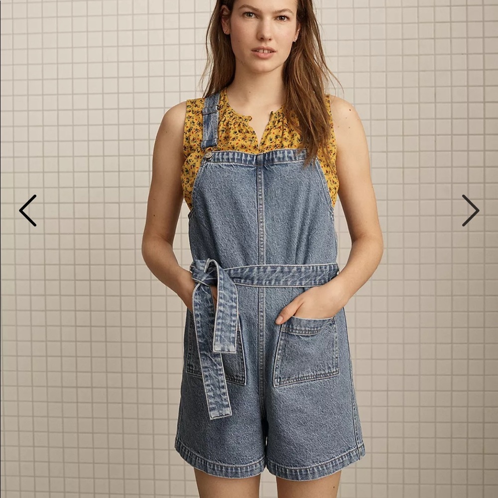 Denim Tie-Waist Patch Pocket Short Overalls - Picture 4 of 5